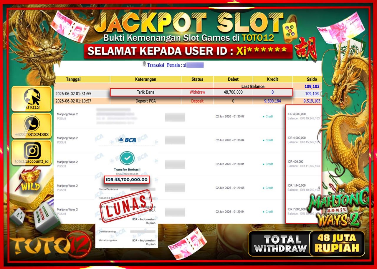 HANYA DI TOTO12 JP PASTI DI BAYAR LUNAS DAN CEPAT!!!!!! JACKPOT SLOT GAME (MAHJONG WAYS 2) Rp48.700.000!!!!