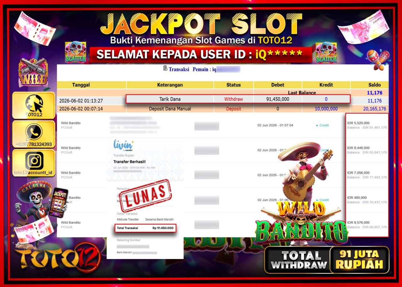 HANYA DI TOTO12 JP PASTI DI BAYAR LUNAS DAN CEPAT!!!!!! JACKPOT SLOT GAME (WILD BANDITO) Rp91.450.000!!!!