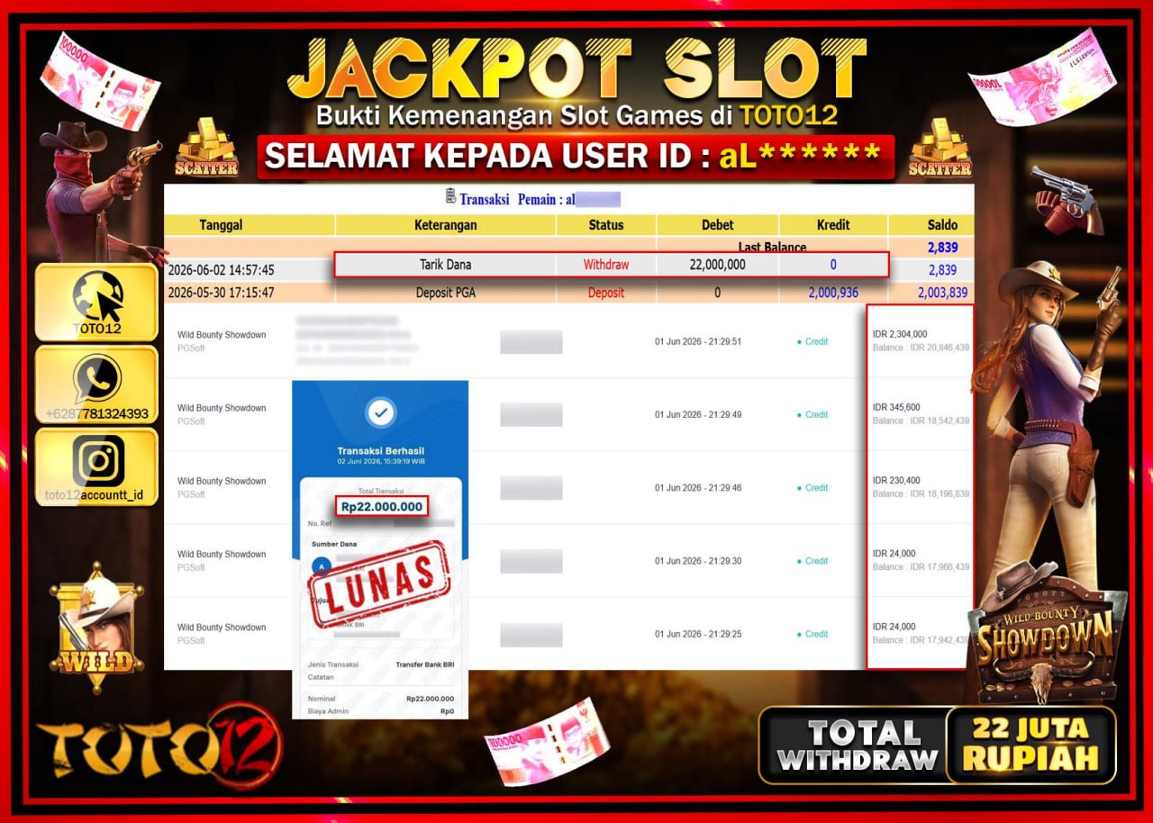 HANYA DI TOTO12 JP PASTI DI BAYAR LUNAS DAN CEPAT!!!!!! JACKPOT SLOT GAME (WILD BOUNTY SHOWDOWN) Rp22.000.000!!!!
