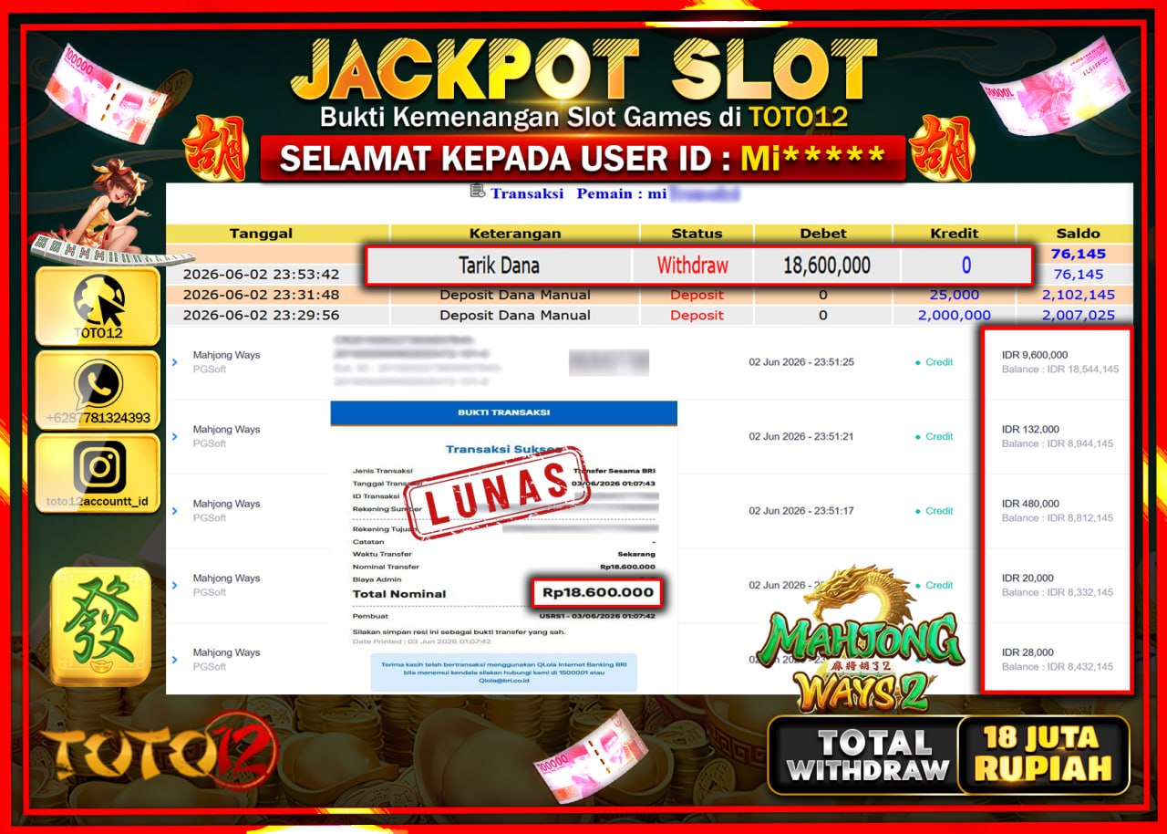 HANYA DI TOTO12 JP PASTI DI BAYAR LUNAS DAN CEPAT!!!!!! JACKPOT SLOT GAME (MAHJONG WAYS 2) Rp18.600.000!!!!