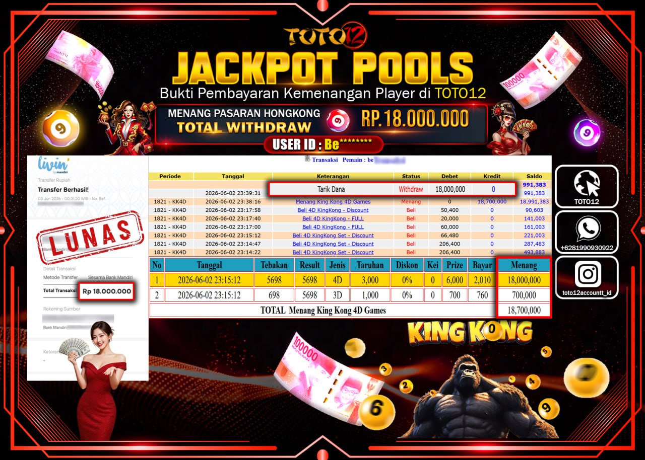 HANYA DI TOTO12 JP PASTI DI BAYAR LUNAS DAN CEPAT!!!!!! JACKPOT POOLS PASARAN (HONGKONG) Rp18.000.000!!!!
