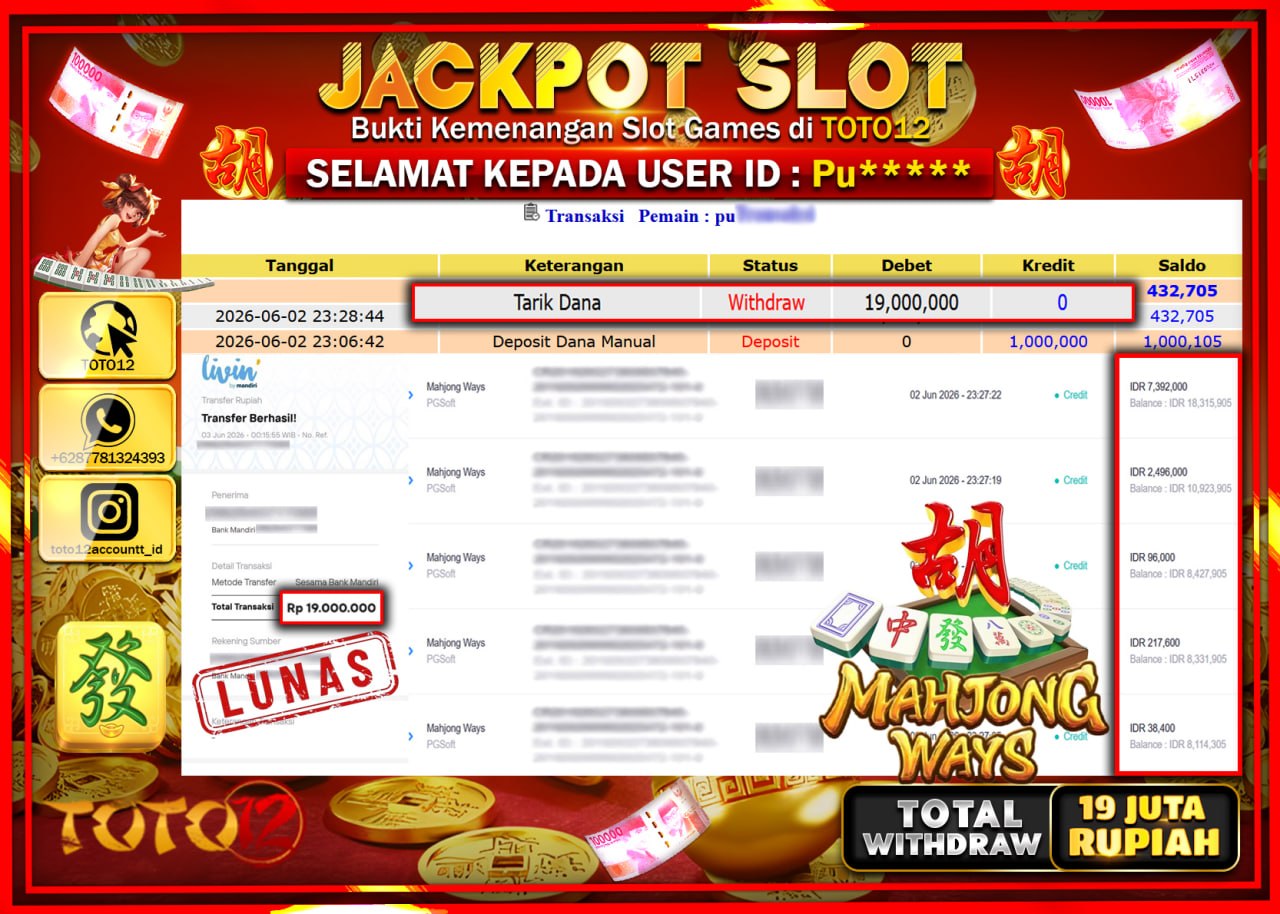 HANYA DI TOTO12 JP PASTI DI BAYAR LUNAS DAN CEPAT!!!!!! JACKPOT SLOT GAME (MAHJONG WAYS) Rp19.000.000!!!!