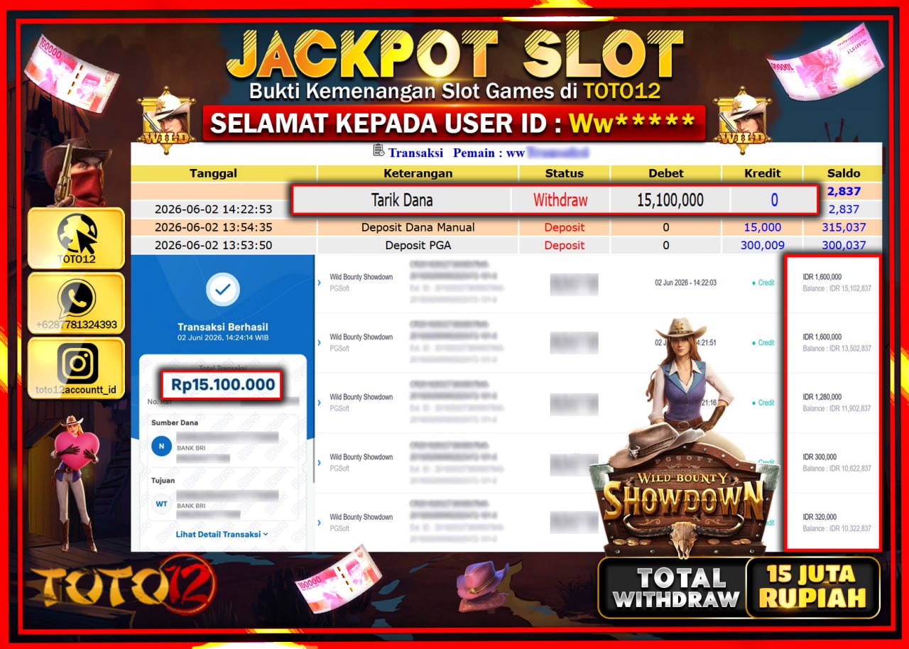 HANYA DI TOTO12 JP PASTI DI BAYAR LUNAS DAN CEPAT!!!!!! JACKPOT SLOT GAME (WILD BOUNTY SHOWDOWN) Rp15.100.000!!!!