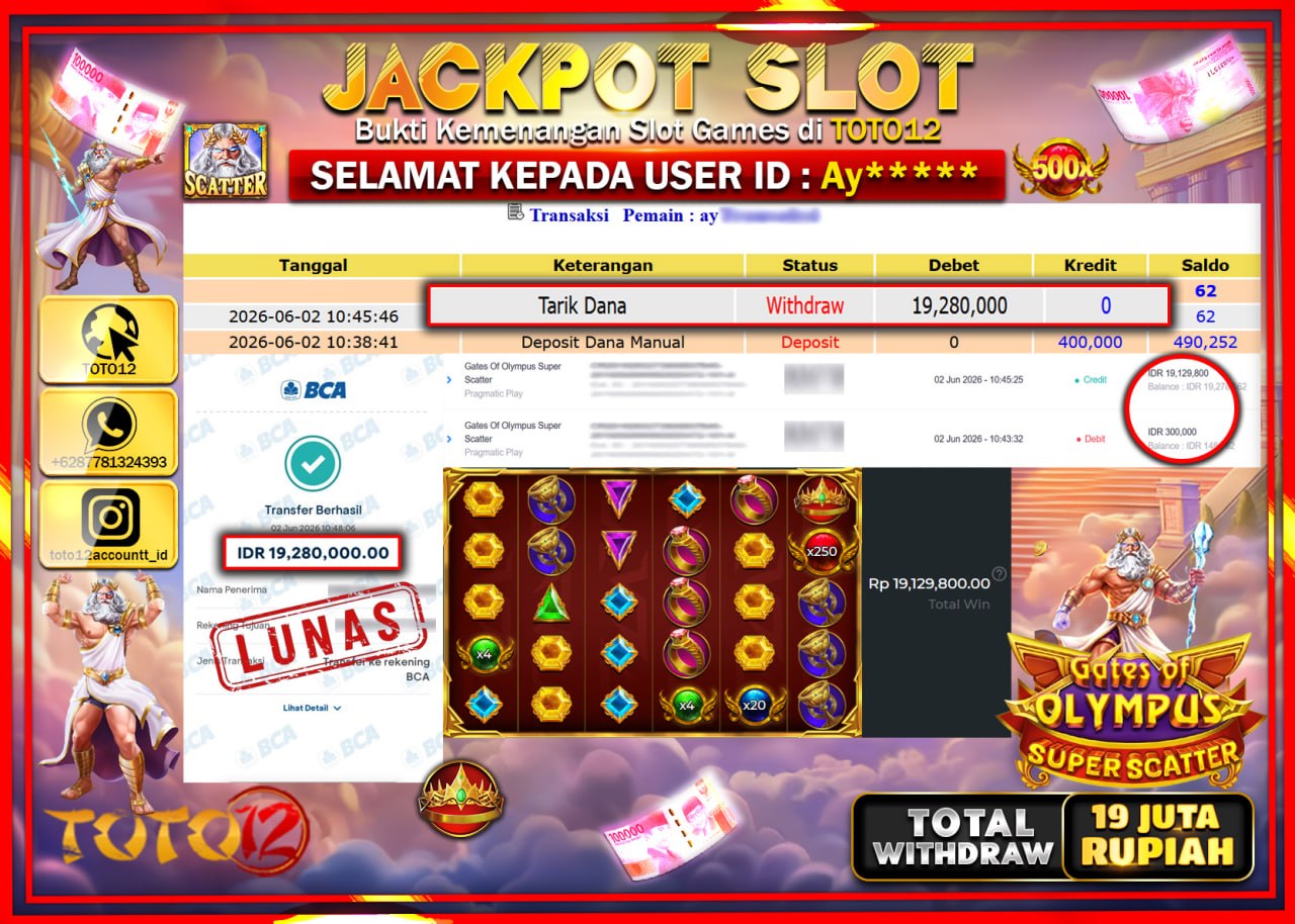 HANYA DI TOTO12 JP PASTI DI BAYAR LUNAS DAN CEPAT!!!!!! JACKPOT SLOT GAME (GATES OF OLYMPUS SUPER SCATTER) Rp19.280.000!!!!