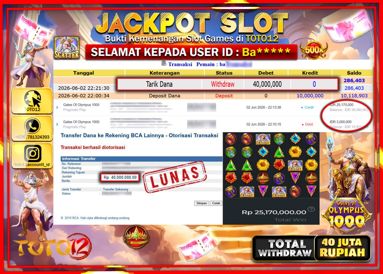 HANYA DI TOTO12 JP PASTI DI BAYAR LUNAS DAN CEPAT!!!!!! JACKPOT SLOT GAME (GATES OF OLYMPUS 1000) Rp40.000.000!!!!