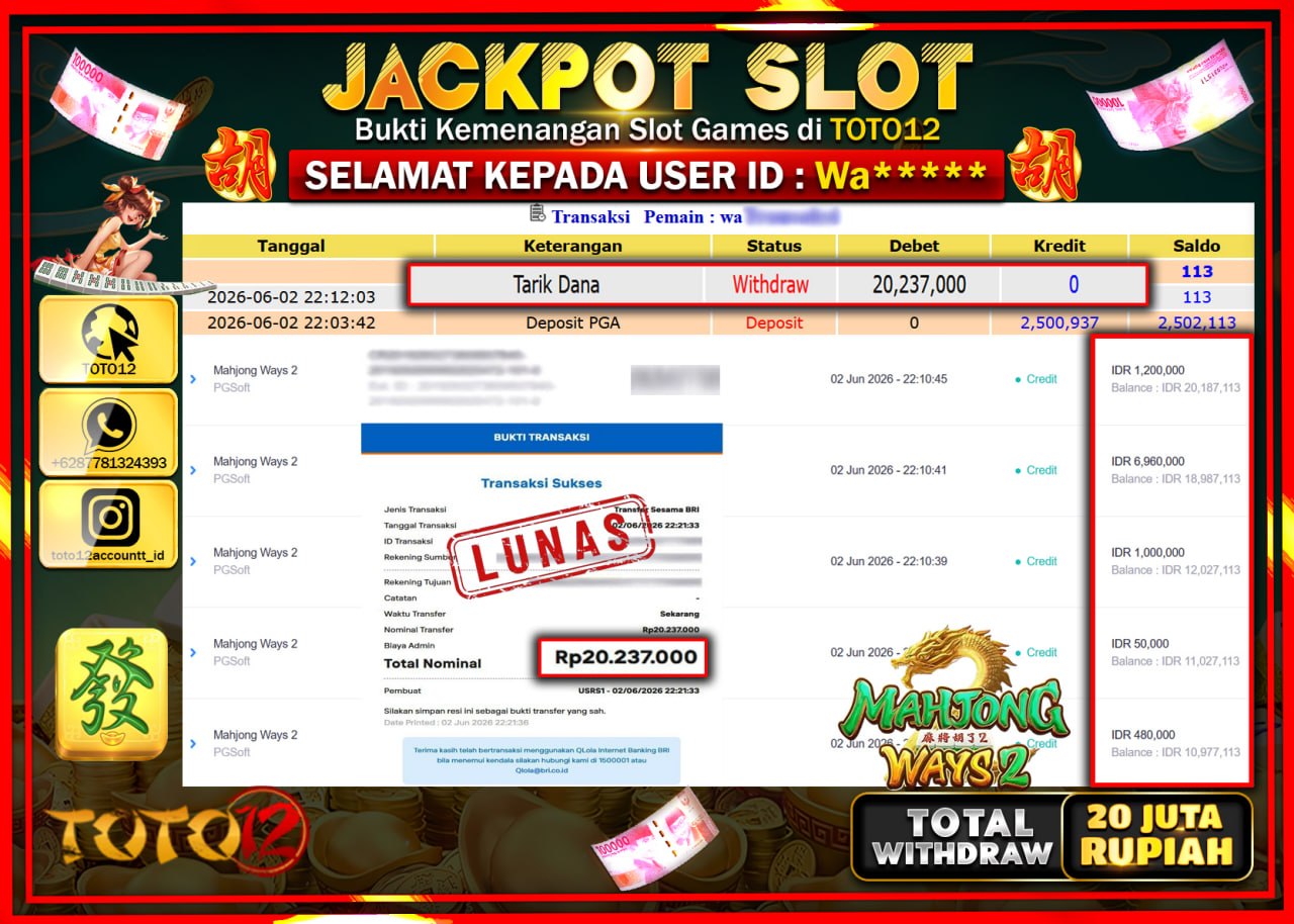 HANYA DI TOTO12 JP PASTI DI BAYAR LUNAS DAN CEPAT!!!!!! JACKPOT SLOT GAME (MAHJONG WAYS 2) Rp20.237.000!!!!