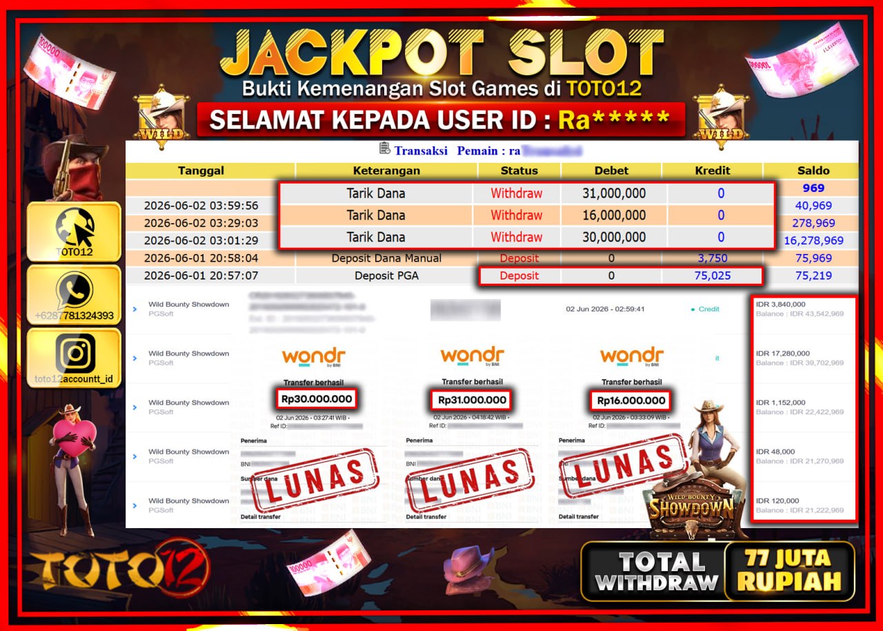 HANYA DI TOTO12 JP PASTI DI BAYAR LUNAS DAN CEPAT!!!!!! JACKPOT SLOT GAME (WILD BOUNTY SHOWDOWN) Rp77.000.000!!!!