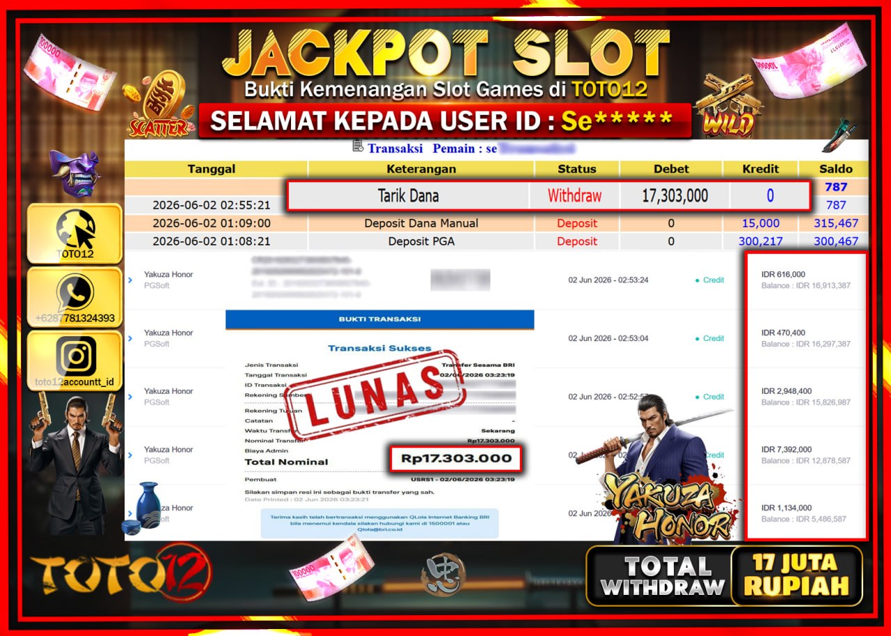 HANYA DI TOTO12 JP PASTI DI BAYAR LUNAS DAN CEPAT!!!!!! JACKPOT SLOT GAME (YAKUZA HONOR) Rp17.303.000!!!!