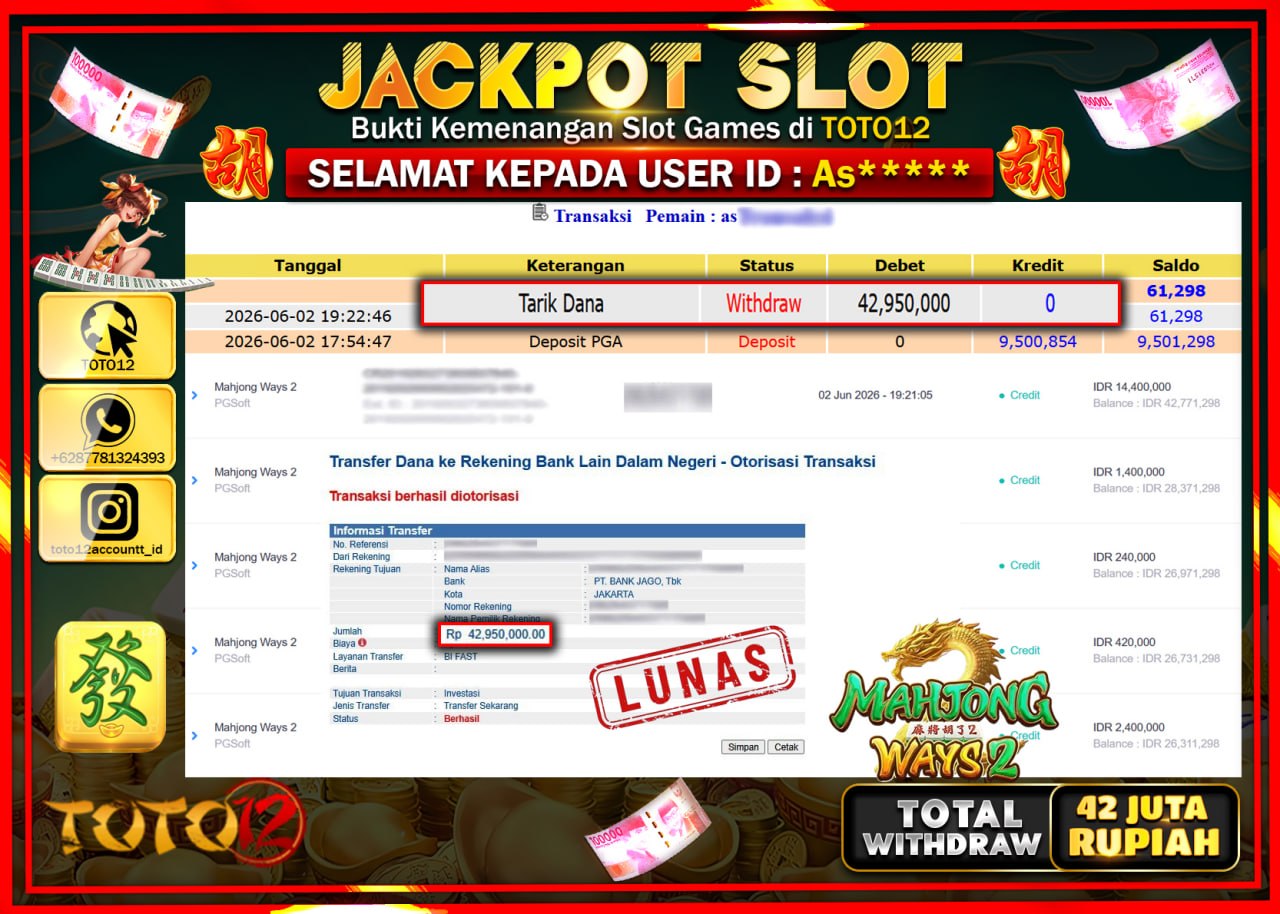 HANYA DI TOTO12 JP PASTI DI BAYAR LUNAS DAN CEPAT!!!!!! JACKPOT SLOT GAME (MAHJONG WAYS 2) Rp42.950.000!!!!