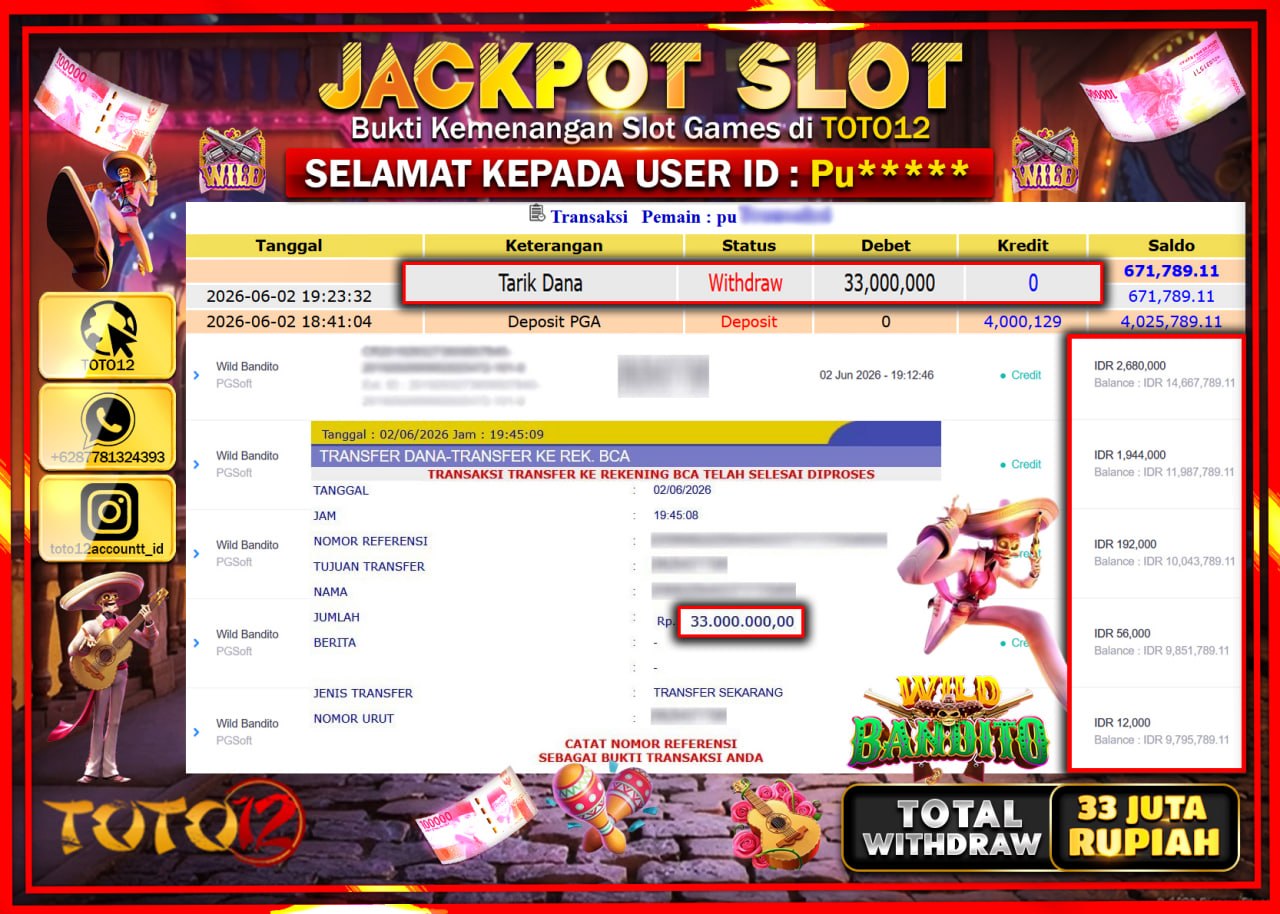 HANYA DI TOTO12 JP PASTI DI BAYAR LUNAS DAN CEPAT!!!!!! JACKPOT SLOT GAME (WILD BANDITO) Rp33.000.000!!!!