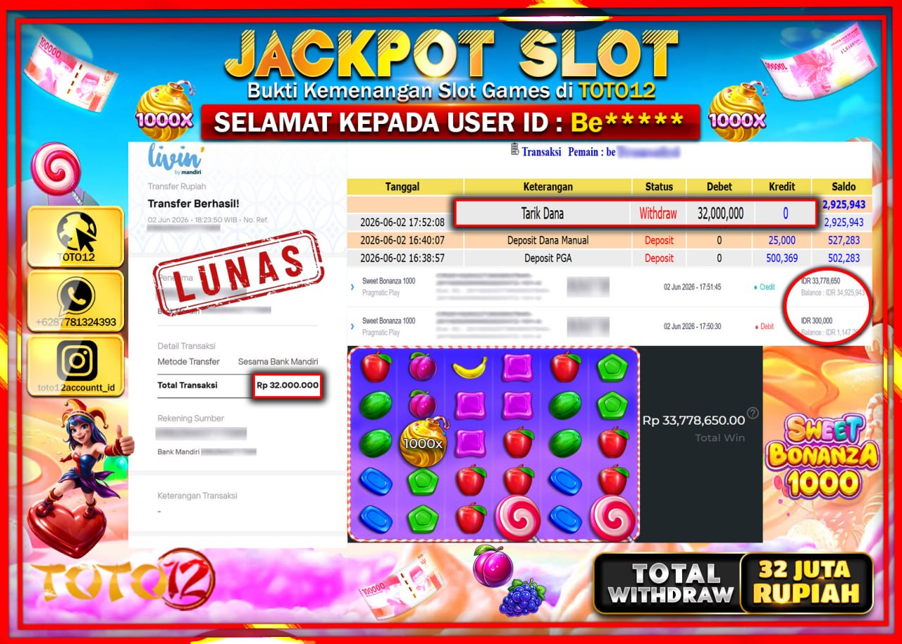 HANYA DI TOTO12 JP PASTI DI BAYAR LUNAS DAN CEPAT!!!!!! JACKPOT SLOT GAME (SWEET BONANZA 1000) Rp32.000.000!!!!