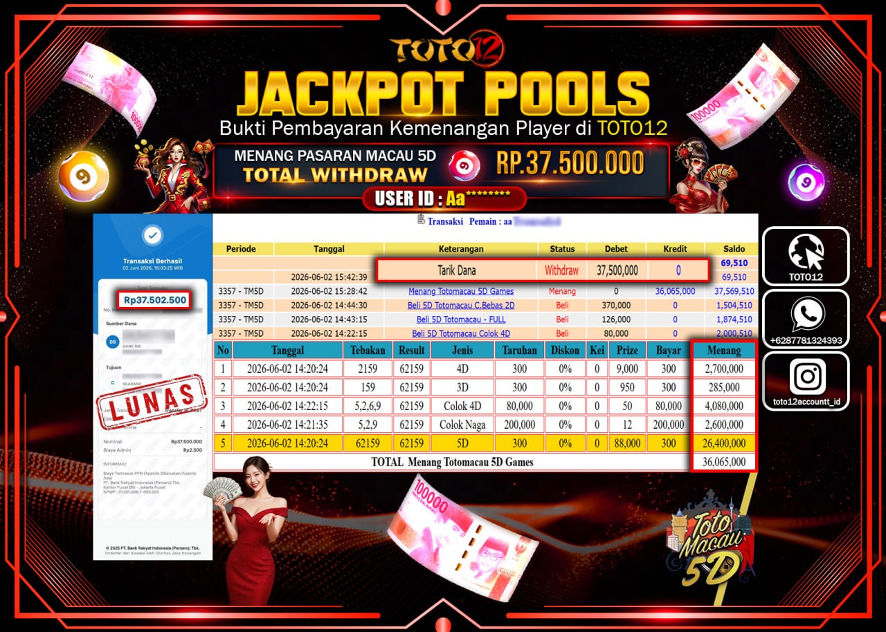 HANYA DI TOTO12 JP PASTI DI BAYAR LUNAS DAN CEPAT!!!!!! JACKPOT POOLS PASARAN (MACAU 5D) Rp37.500.000!!!!