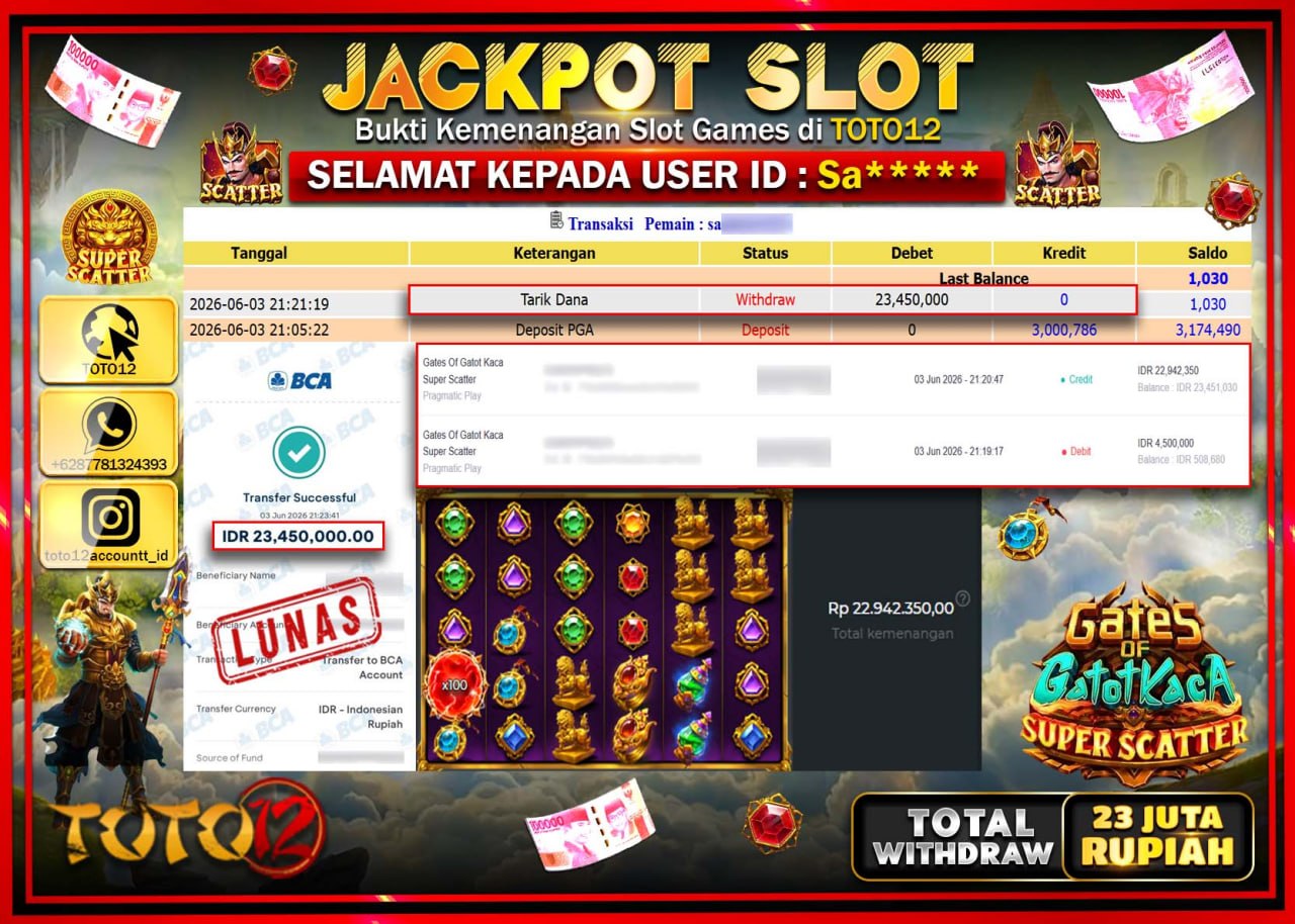 HANYA DI TOTO12 JP PASTI DI BAYAR LUNAS DAN CEPAT!!!!!! JACKPOT SLOT GAME (GATES OF GATOTKACA SUPER SCATTER) Rp23.450.000!!!!
