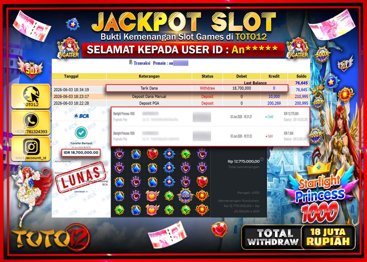 HANYA DI TOTO12 JP PASTI DI BAYAR LUNAS DAN CEPAT!!!!!! JACKPOT SLOT GAME (STARLIGHT PRINCESS 1000) Rp18.700.000!!!!