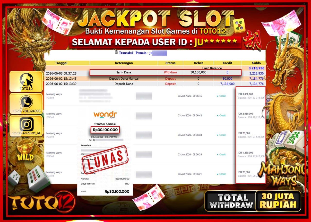 HANYA DI TOTO12 JP PASTI DI BAYAR LUNAS DAN CEPAT!!!!!! JACKPOT SLOT GAME (MAHJONG WAYS) Rp30.100.000!!!!