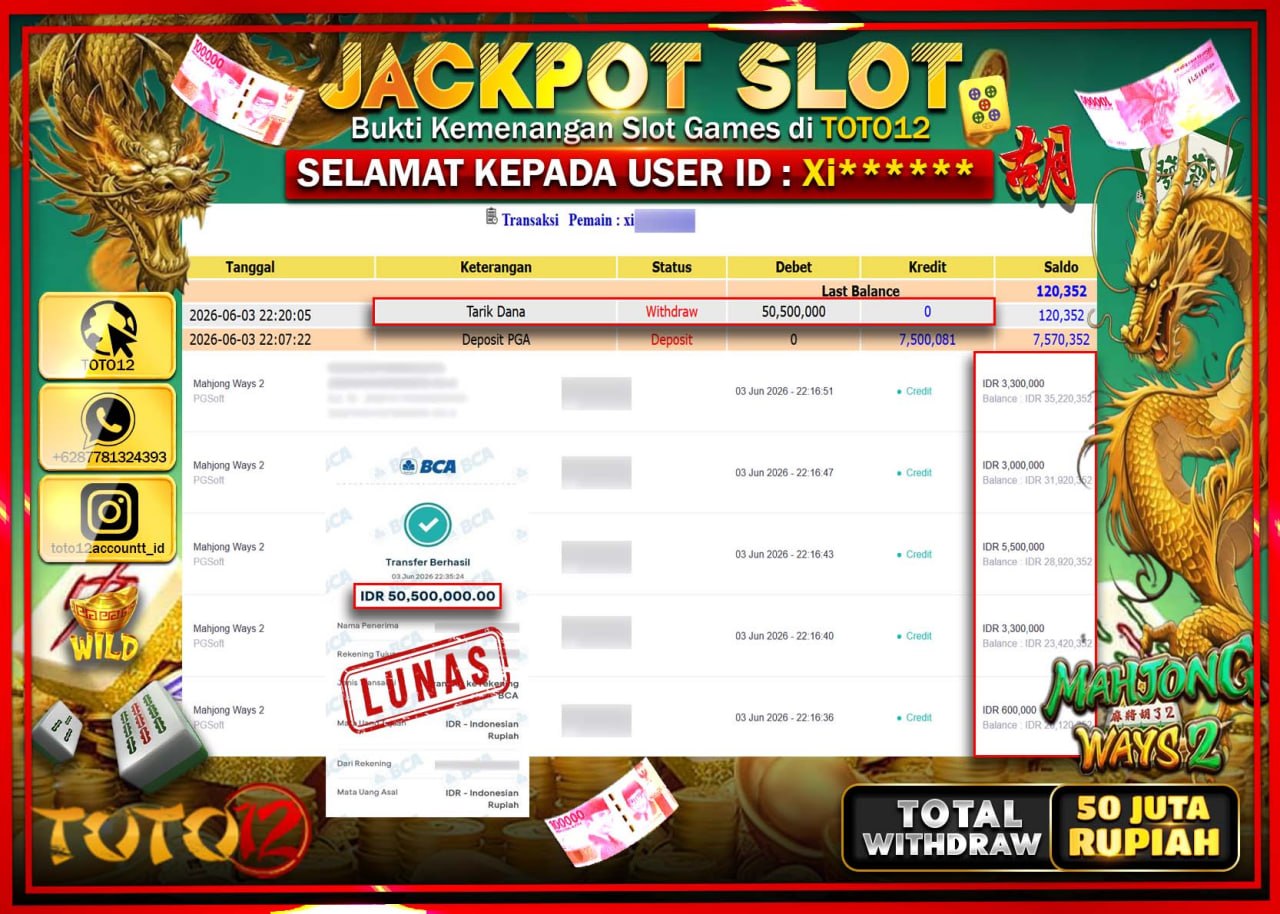 HANYA DI TOTO12 JP PASTI DI BAYAR LUNAS DAN CEPAT!!!!!! JACKPOT SLOT GAME (MAHJONG WAYS 2) Rp50.500.000!!!!