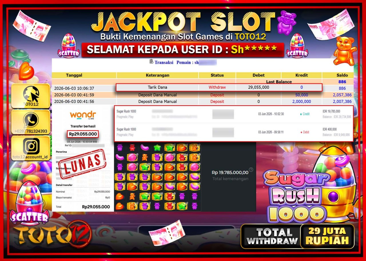 HANYA DI TOTO12 JP PASTI DI BAYAR LUNAS DAN CEPAT!!!!!! JACKPOT SLOT GAME (SUGAR RUSH 1000) Rp29.055.000!!!!