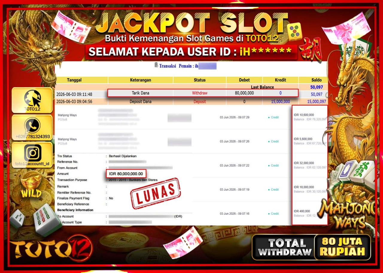 HANYA DI TOTO12 JP PASTI DI BAYAR LUNAS DAN CEPAT!!!!!! JACKPOT SLOT GAME (MAHJONG WAYS) Rp80.000.000!!!!