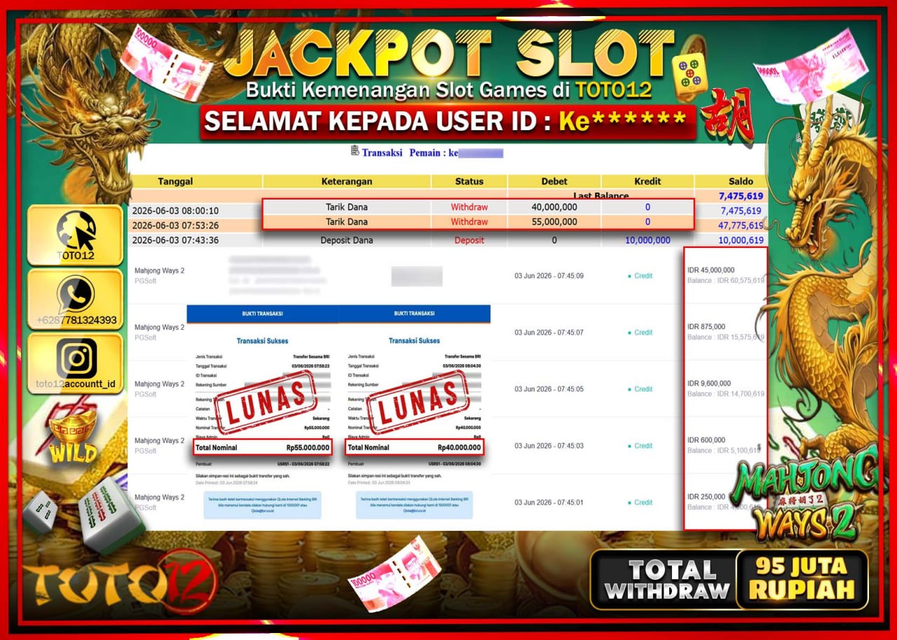 HANYA DI TOTO12 JP PASTI DI BAYAR LUNAS DAN CEPAT!!!!!! JACKPOT SLOT GAME (MAHJONG WAYS 2) Rp95.000.000!!!!