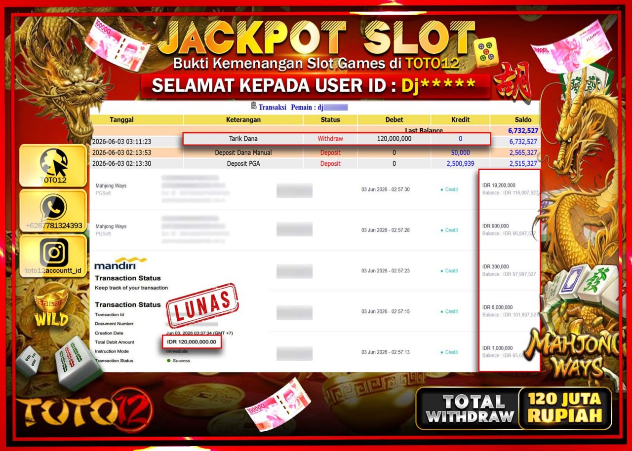 HANYA DI TOTO12 JP PASTI DI BAYAR LUNAS DAN CEPAT!!!!!! JACKPOT SLOT GAME (MAHJONG WAYS) Rp120.000.000!!!!