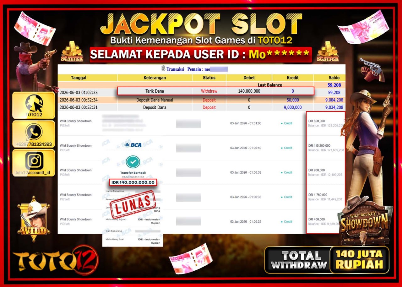 HANYA DI TOTO12 JP PASTI DI BAYAR LUNAS DAN CEPAT!!!!!! JACKPOT SLOT GAME (WILD BOUNTY SHOWDOWN) Rp140.000.000!!!!