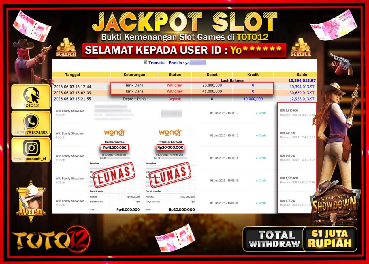 HANYA DI TOTO12 JP PASTI DI BAYAR LUNAS DAN CEPAT!!!!!! JACKPOT SLOT GAME (WILD BOUNTY SHOWDOWN) Rp61.000.000!!!!