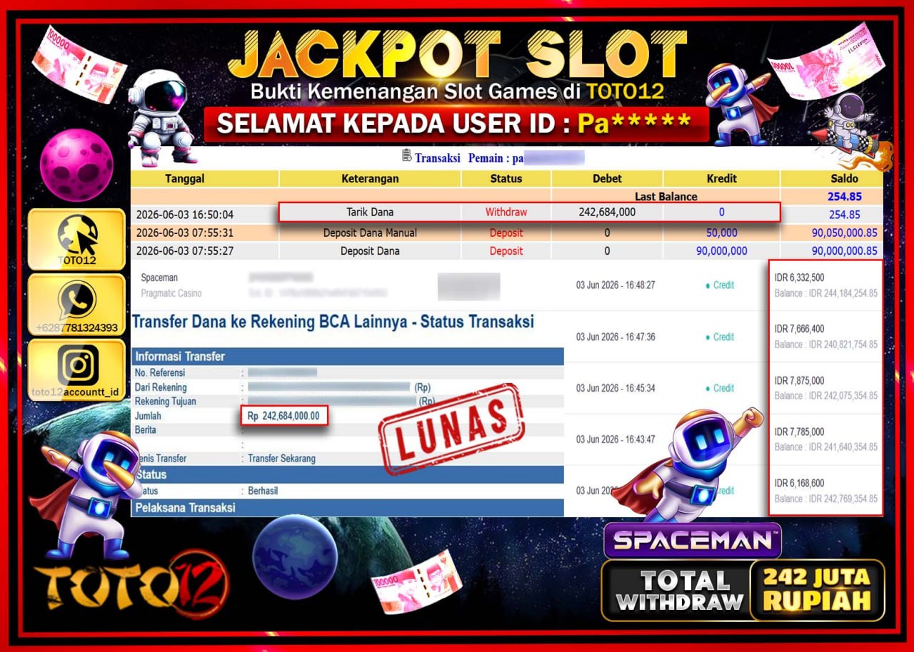 HANYA DI TOTO12 JP PASTI DI BAYAR LUNAS DAN CEPAT!!!!!! JACKPOT SLOT GAME (SPACEMAN ) Rp242.684.000!!!!