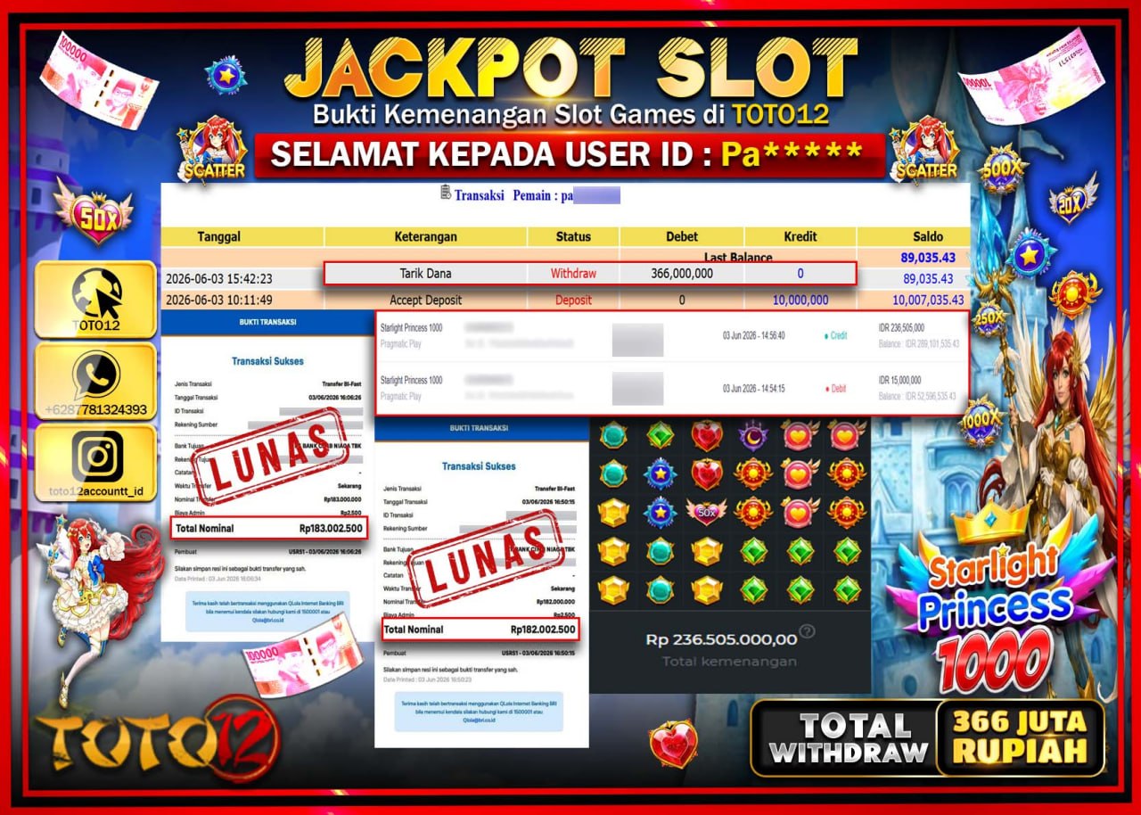 HANYA DI TOTO12 JP PASTI DI BAYAR LUNAS DAN CEPAT!!!!!! JACKPOT SLOT GAME (STARLIGHT PRINCESS 1000) Rp366.000.000!!!!