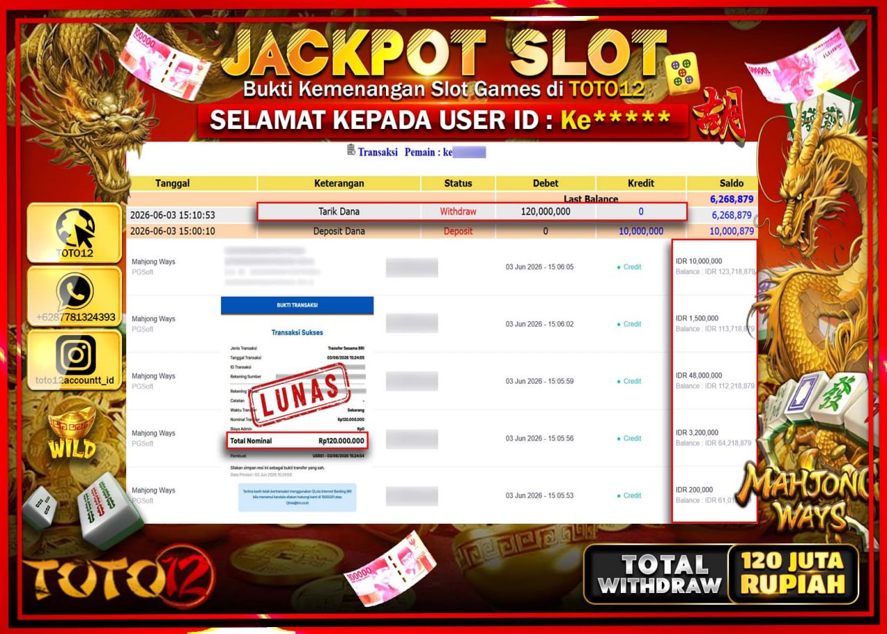 HANYA DI TOTO12 JP PASTI DI BAYAR LUNAS DAN CEPAT!!!!!! JACKPOT SLOT GAME (MAHJONG WAYS) Rp120.000.000!!!!