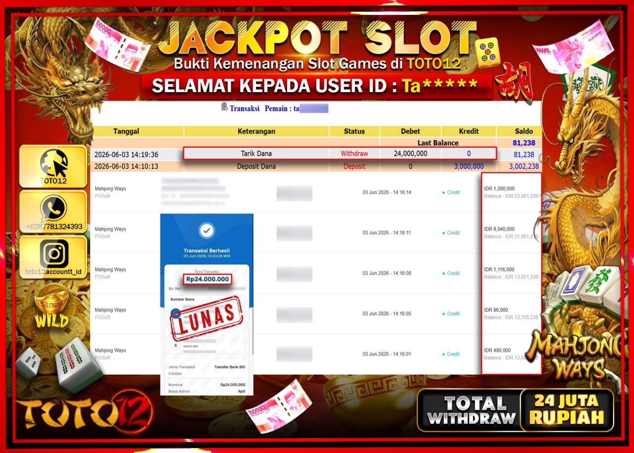 HANYA DI TOTO12 JP PASTI DI BAYAR LUNAS DAN CEPAT!!!!!! JACKPOT SLOT GAME (MAHJONG WAYS) Rp24.000.000!!!!