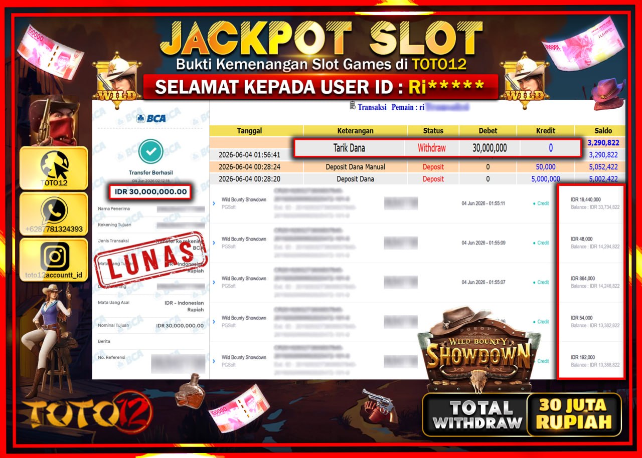 HANYA DI TOTO12 JP PASTI DI BAYAR LUNAS DAN CEPAT!!!!!! JACKPOT SLOT GAME (WILD BOUNTY SHOWDOWN) Rp30.000.000!!!!