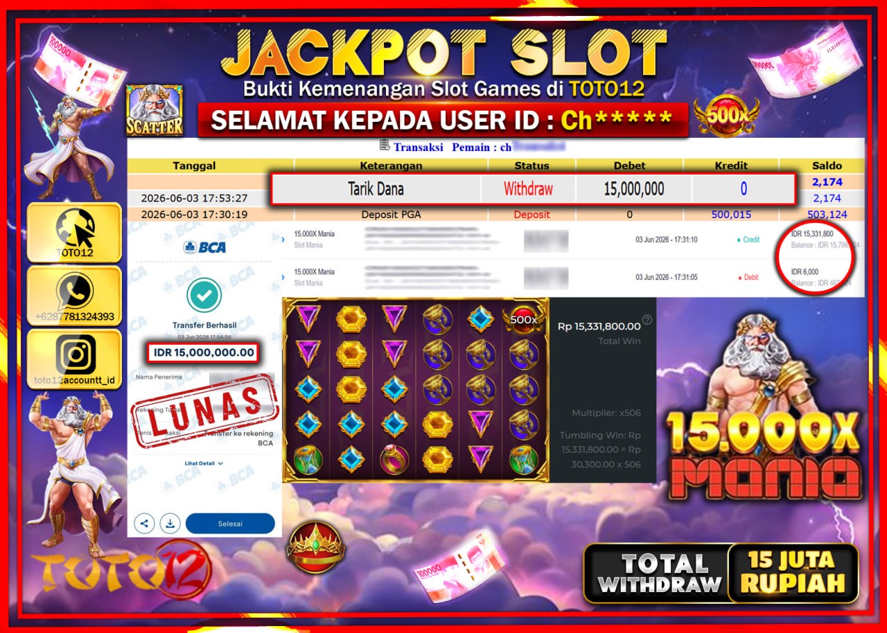 HANYA DI TOTO12 JP PASTI DI BAYAR LUNAS DAN CEPAT!!!!!! JACKPOT SLOT GAME (15.000 X MANIA) Rp15.000.000!!!!