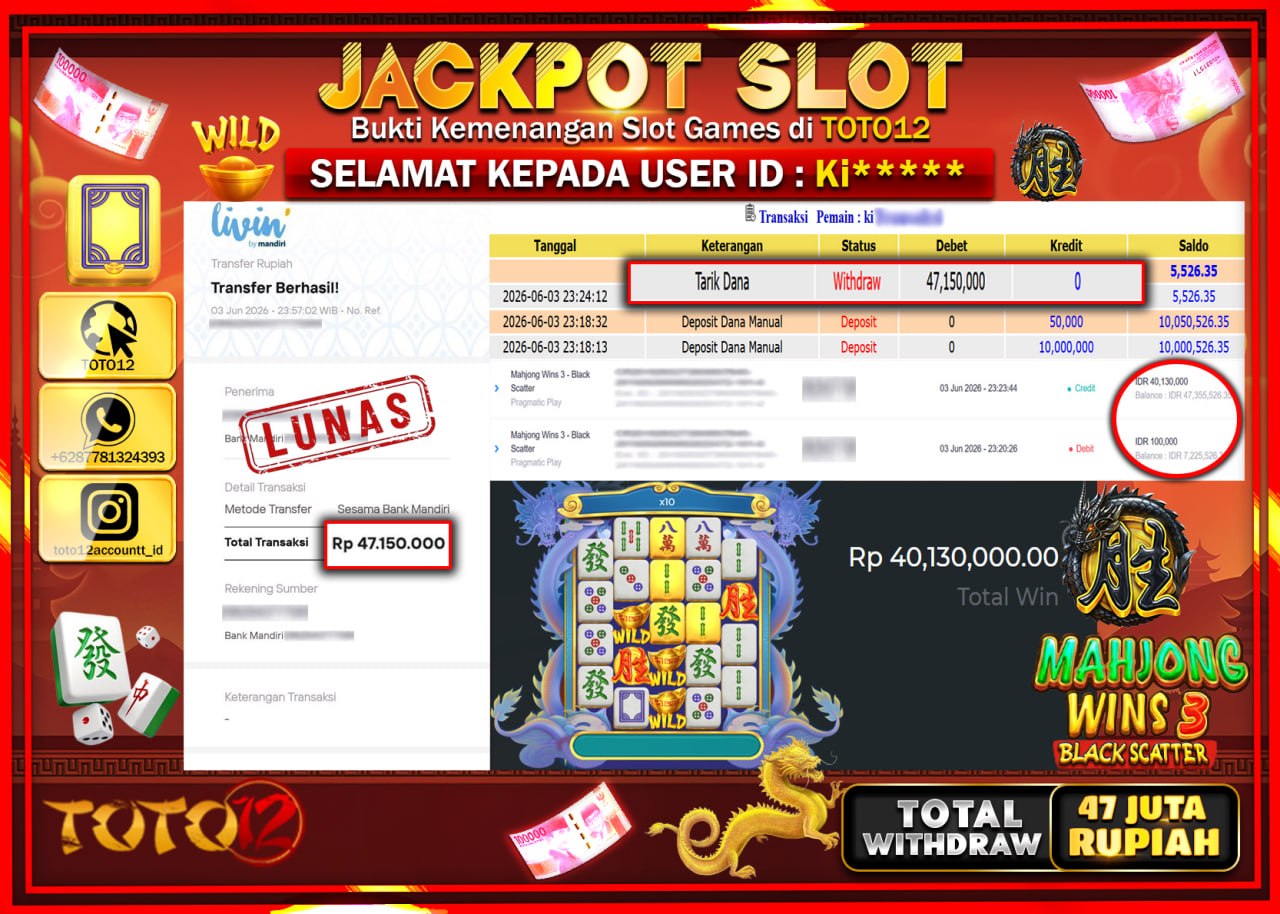 HANYA DI TOTO12 JP PASTI DI BAYAR LUNAS DAN CEPAT!!!!!! JACKPOT SLOT GAME (MAHJONG WINS 3 BLACK SCATTER) Rp47.150.000!!!!