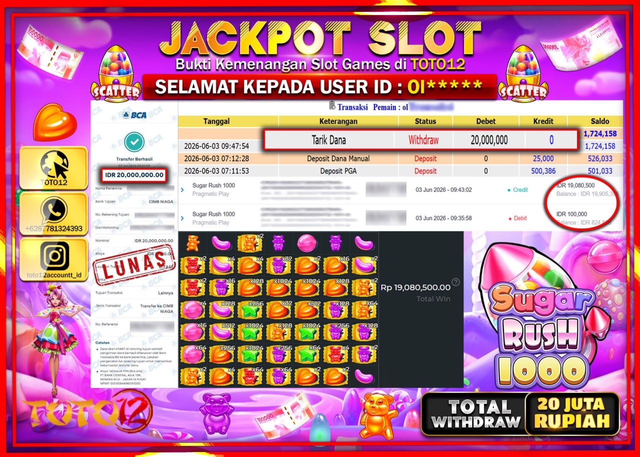 HANYA DI TOTO12 JP PASTI DI BAYAR LUNAS DAN CEPAT!!!!!! JACKPOT SLOT GAME (SUGAR RUSH 1000) Rp20.000.000!!!!