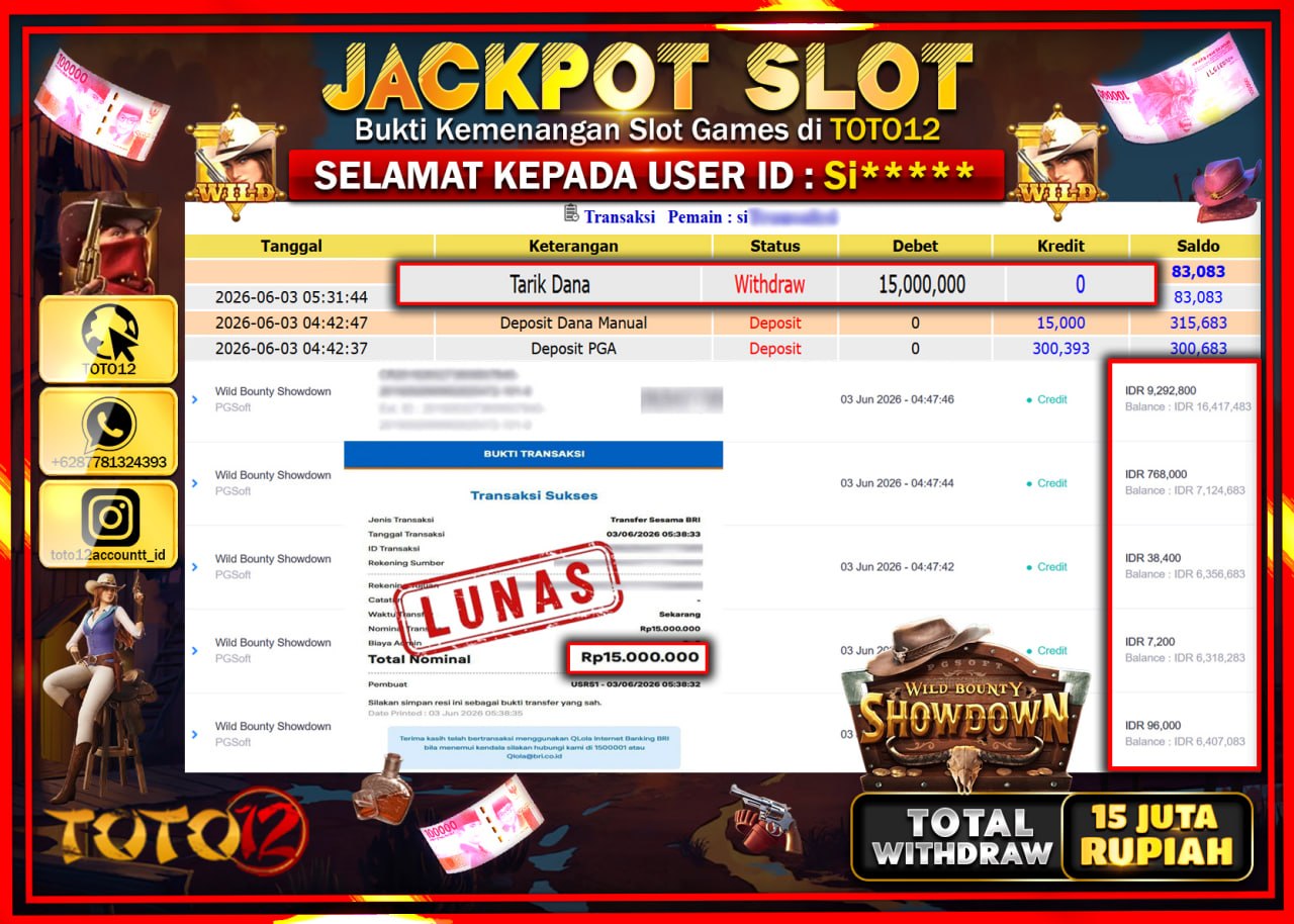 HANYA DI TOTO12 JP PASTI DI BAYAR LUNAS DAN CEPAT!!!!!! JACKPOT SLOT GAME (WILD BOUNTY SHOWDOWN) Rp15.000.000!!!!