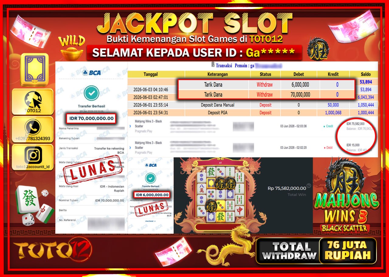 HANYA DI TOTO12 JP PASTI DI BAYAR LUNAS DAN CEPAT!!!!!! JACKPOT SLOT GAME (MAHJONG WINS 3 BLACK SCATTER) Rp76.000.000!!!!