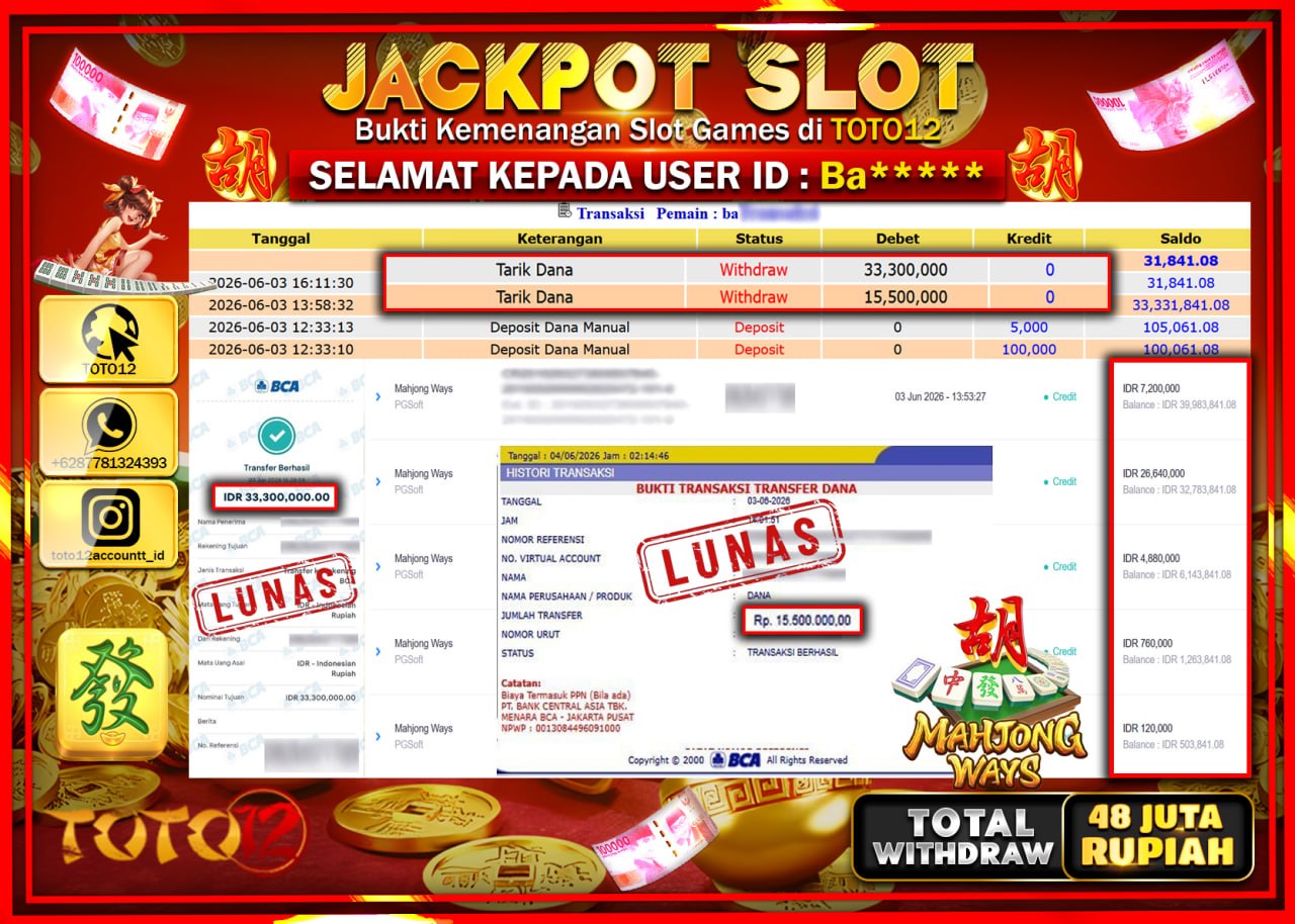 HANYA DI TOTO12 JP PASTI DI BAYAR LUNAS DAN CEPAT!!!!!! JACKPOT SLOT GAME (MAHJONG WAYS) Rp48.800.000!!!!
