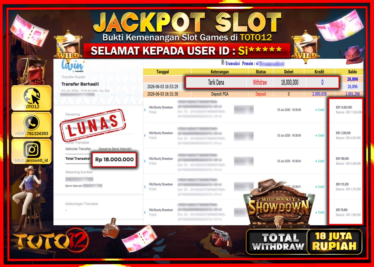 HANYA DI TOTO12 JP PASTI DI BAYAR LUNAS DAN CEPAT!!!!!! JACKPOT SLOT GAME (WILD BOUNTY SHOWDOWN) Rp18.000.000!!!!