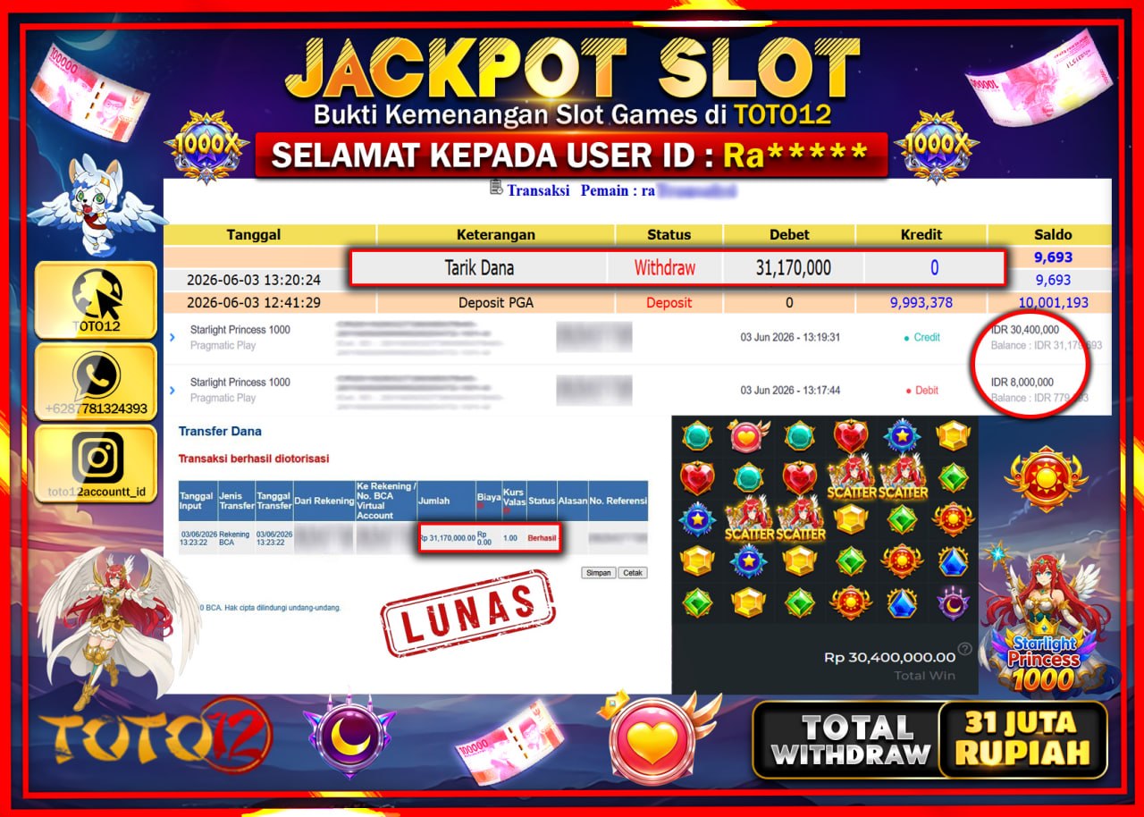 HANYA DI TOTO12 JP PASTI DI BAYAR LUNAS DAN CEPAT!!!!!! JACKPOT SLOT GAME (STARLIGHT PRICESS 1000) Rp31.170.000!!!!