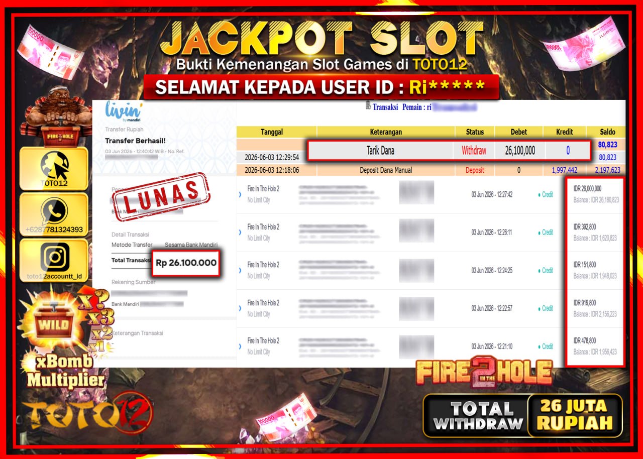HANYA DI TOTO12 JP PASTI DI BAYAR LUNAS DAN CEPAT!!!!!! JACKPOT SLOT GAME (FIRE IN THE HOLE 2) Rp26.100.000!!!!