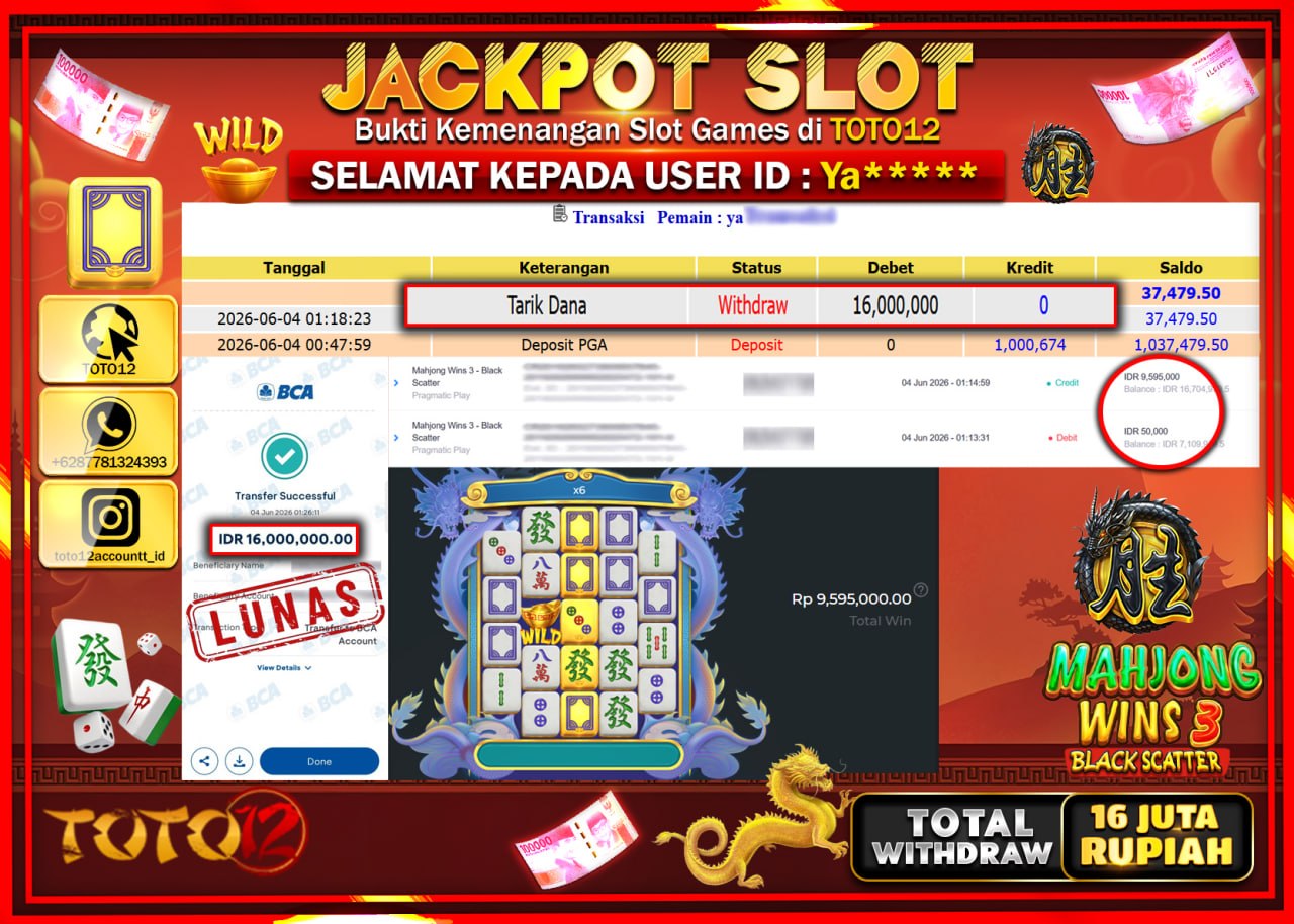 HANYA DI TOTO12 JP PASTI DI BAYAR LUNAS DAN CEPAT!!!!!! JACKPOT SLOT GAME (MAHJONG WINS 3 BLACK SCATTER) Rp16.000.000!!!!