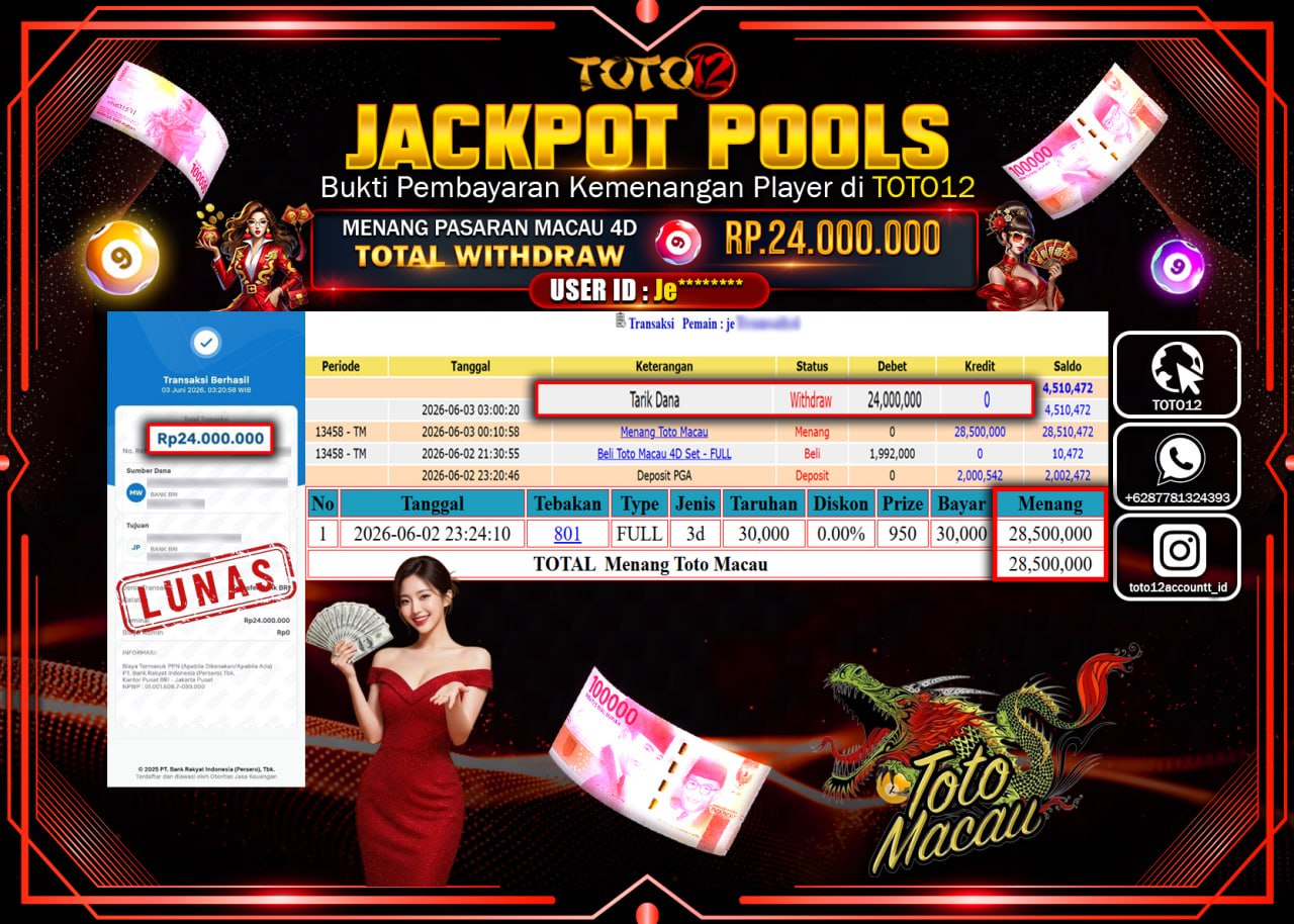 HANYA DI TOTO12 JP PASTI DI BAYAR LUNAS DAN CEPAT!!!!!! JACKPOT POOLS PASARAN (MACAU 4D) Rp24.000.000!!!!