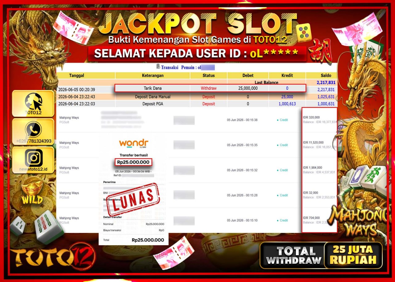 HANYA DI TOTO12 JP PASTI DI BAYAR LUNAS DAN CEPAT!!!!!! JACKPOT SLOT GAME (MAHJONG WAYS) Rp25.000.000!!!!