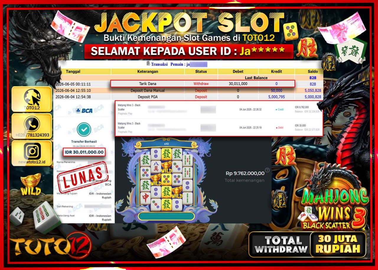 HANYA DI TOTO12 JP PASTI DI BAYAR LUNAS DAN CEPAT!!!!!! JACKPOT SLOT GAME (MAHJONG WINS 3 BLACK SCATTER) Rp30.011.000!!!!