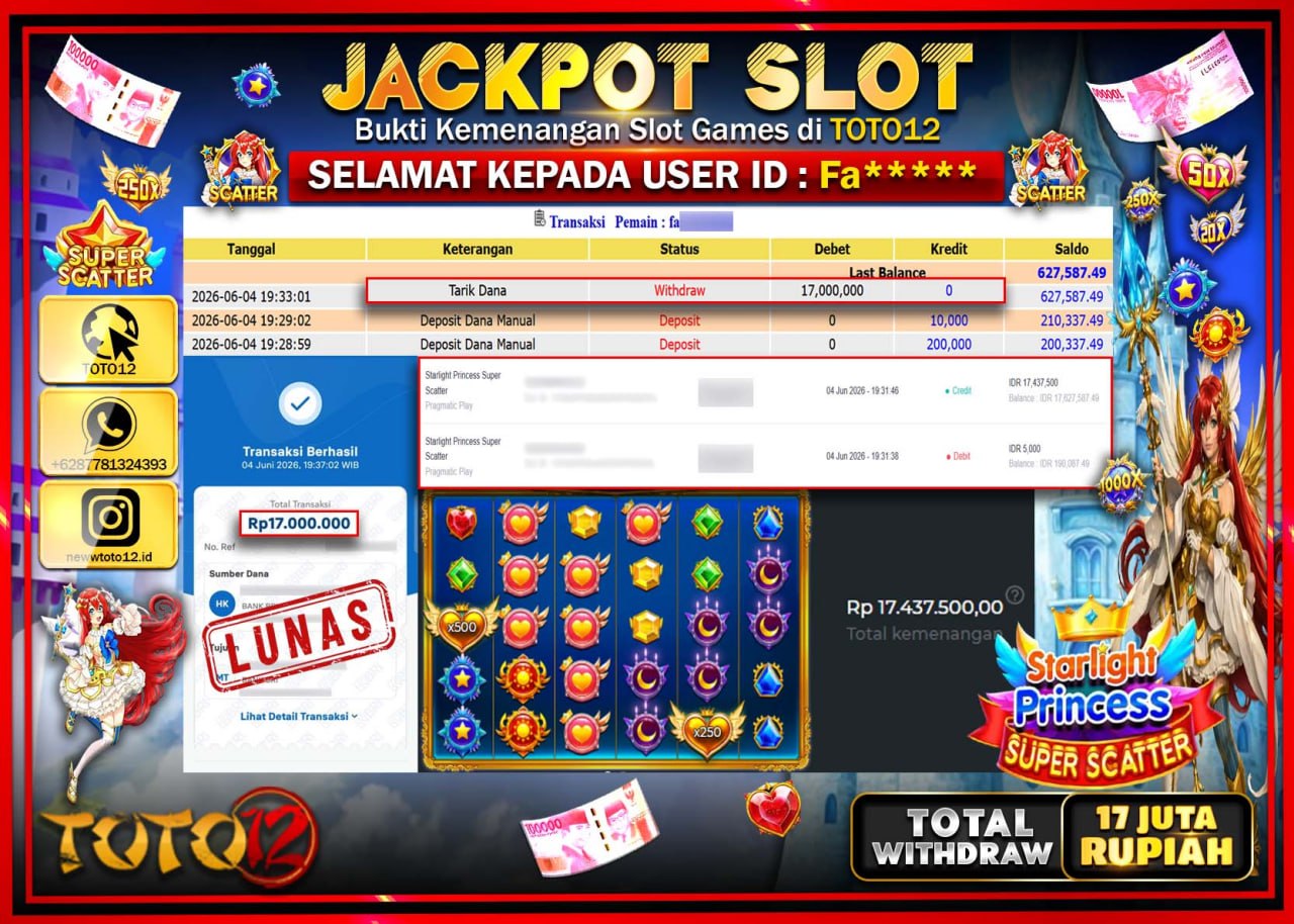 HANYA DI TOTO12 JP PASTI DI BAYAR LUNAS DAN CEPAT!!!!!! JACKPOT SLOT GAME (STARLIGHT PRINCESS SUPER SCATTER) Rp17.000.000!!!!