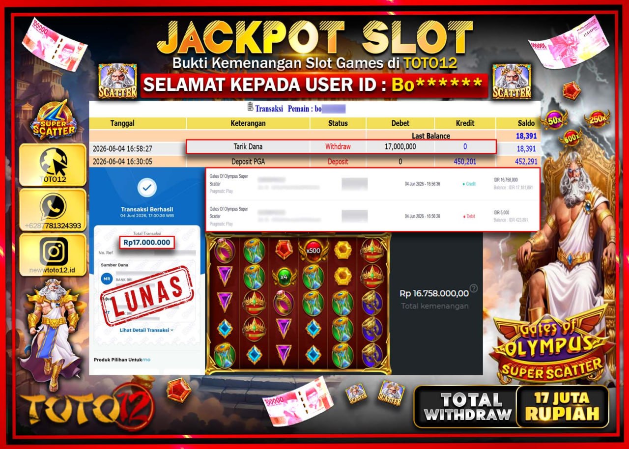 HANYA DI TOTO12 JP PASTI DI BAYAR LUNAS DAN CEPAT!!!!!! JACKPOT SLOT GAME (GATES OF OLYMPUS SUPER SCATTER) Rp17.000.000!!!!