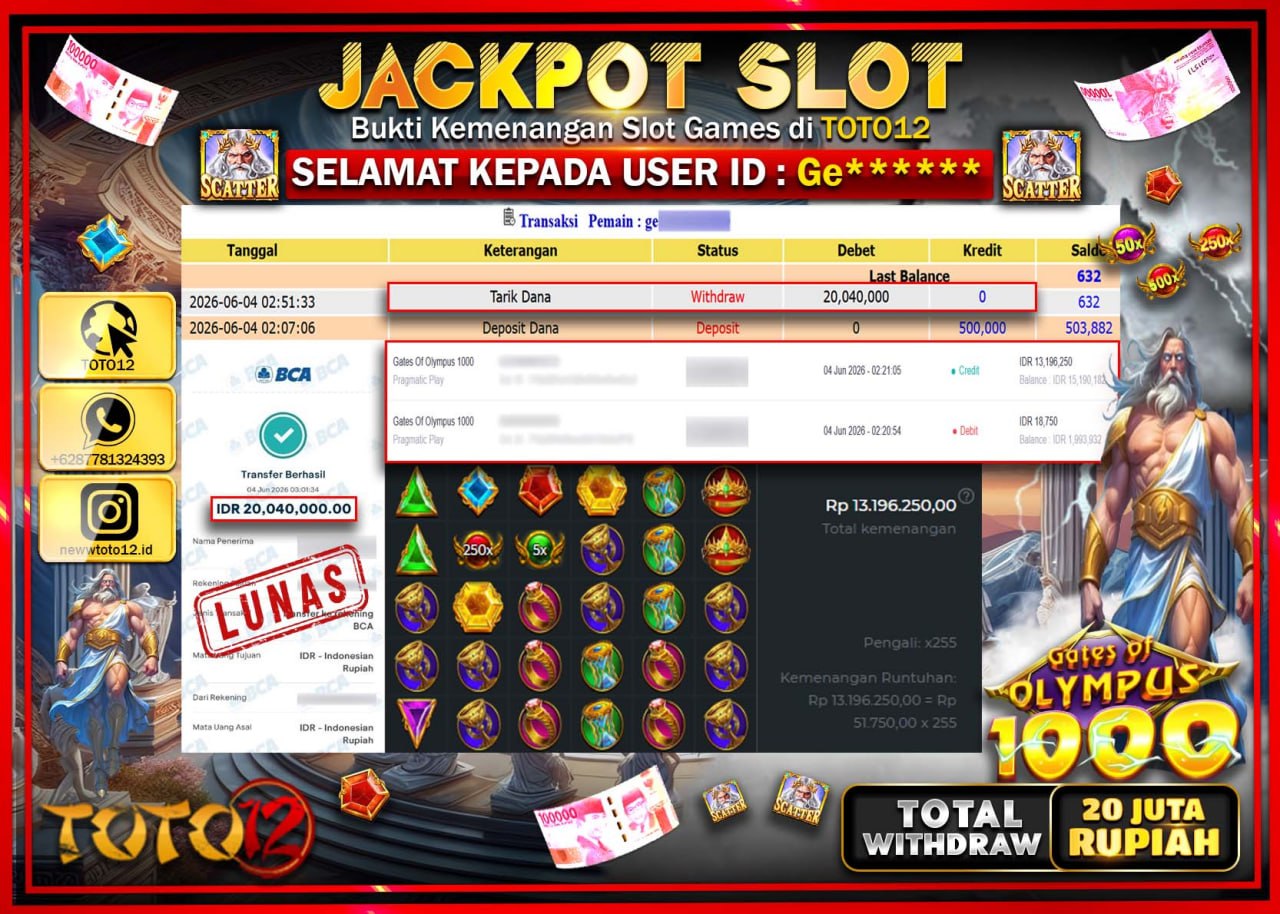 HANYA DI TOTO12 JP PASTI DI BAYAR LUNAS DAN CEPAT!!!!!! JACKPOT SLOT GAME (GATES OF OLYMPUS 1000) Rp20.040.000!!!!