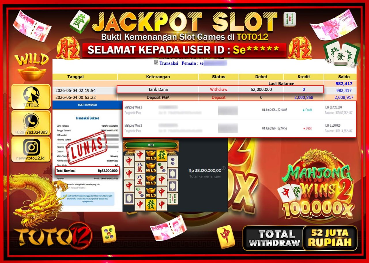 HANYA DI TOTO12 JP PASTI DI BAYAR LUNAS DAN CEPAT!!!!!! JACKPOT SLOT GAME (MAHJONG WINS 2) Rp52.000.000!!!!