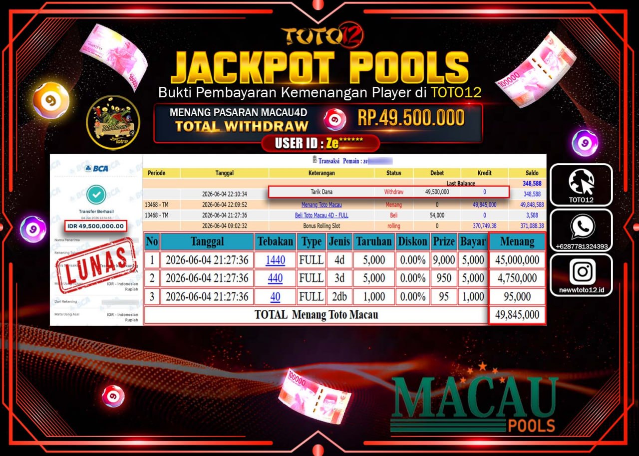 HANYA DI TOTO12 JP PASTI DI BAYAR LUNAS DAN CEPAT!!!!!! JACKPOT POOLS PASARAN (MACAU 4D) Rp49.500.000!!!!