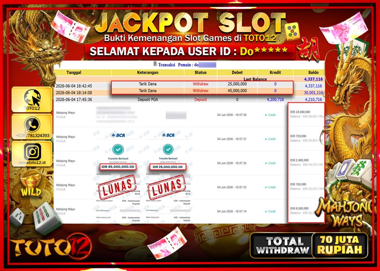 HANYA DI TOTO12 JP PASTI DI BAYAR LUNAS DAN CEPAT!!!!!! JACKPOT SLOT GAME (MAHJONG WAYS) Rp70.000.000!!!!
